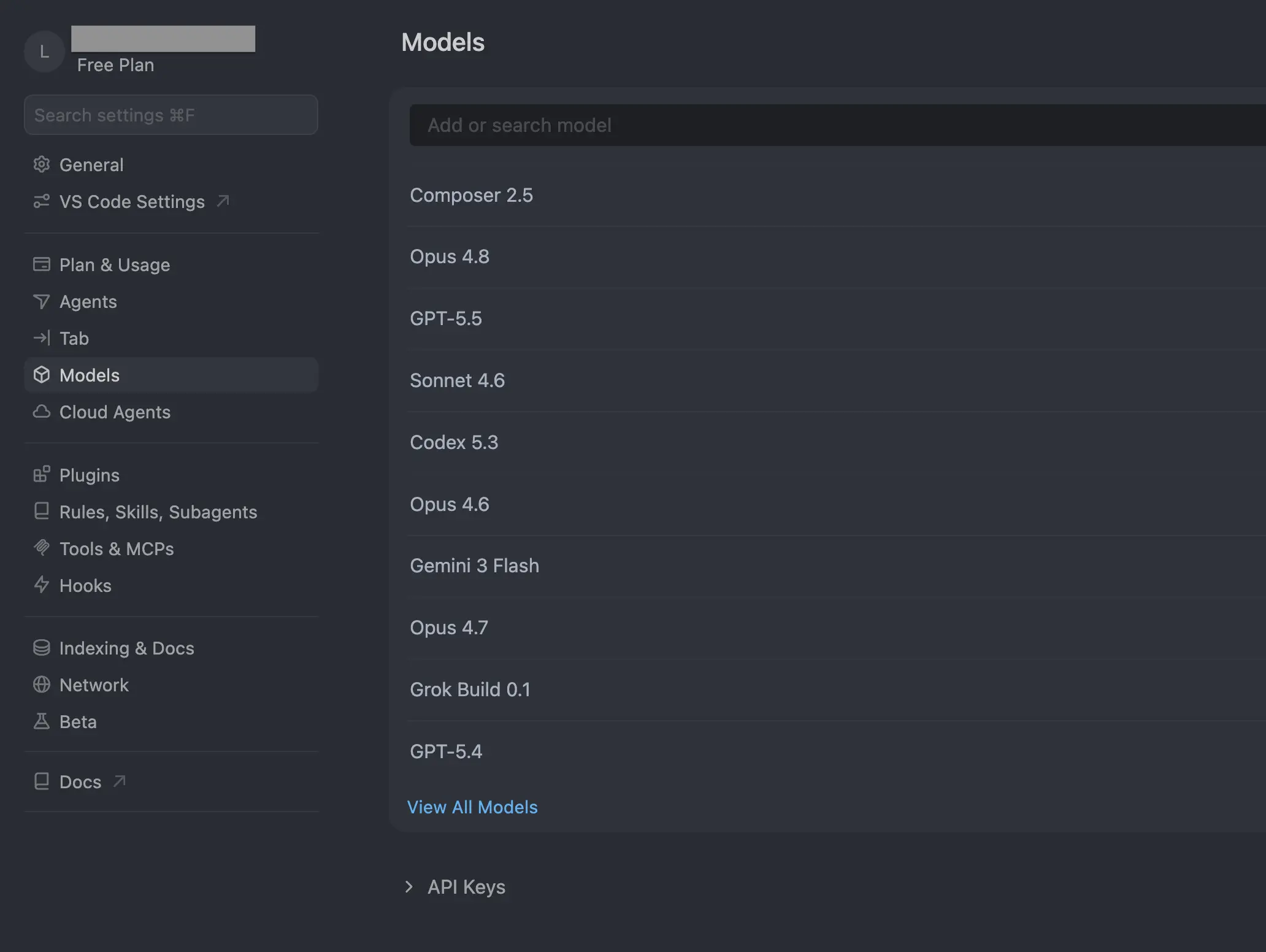Cursor Settings Models tab